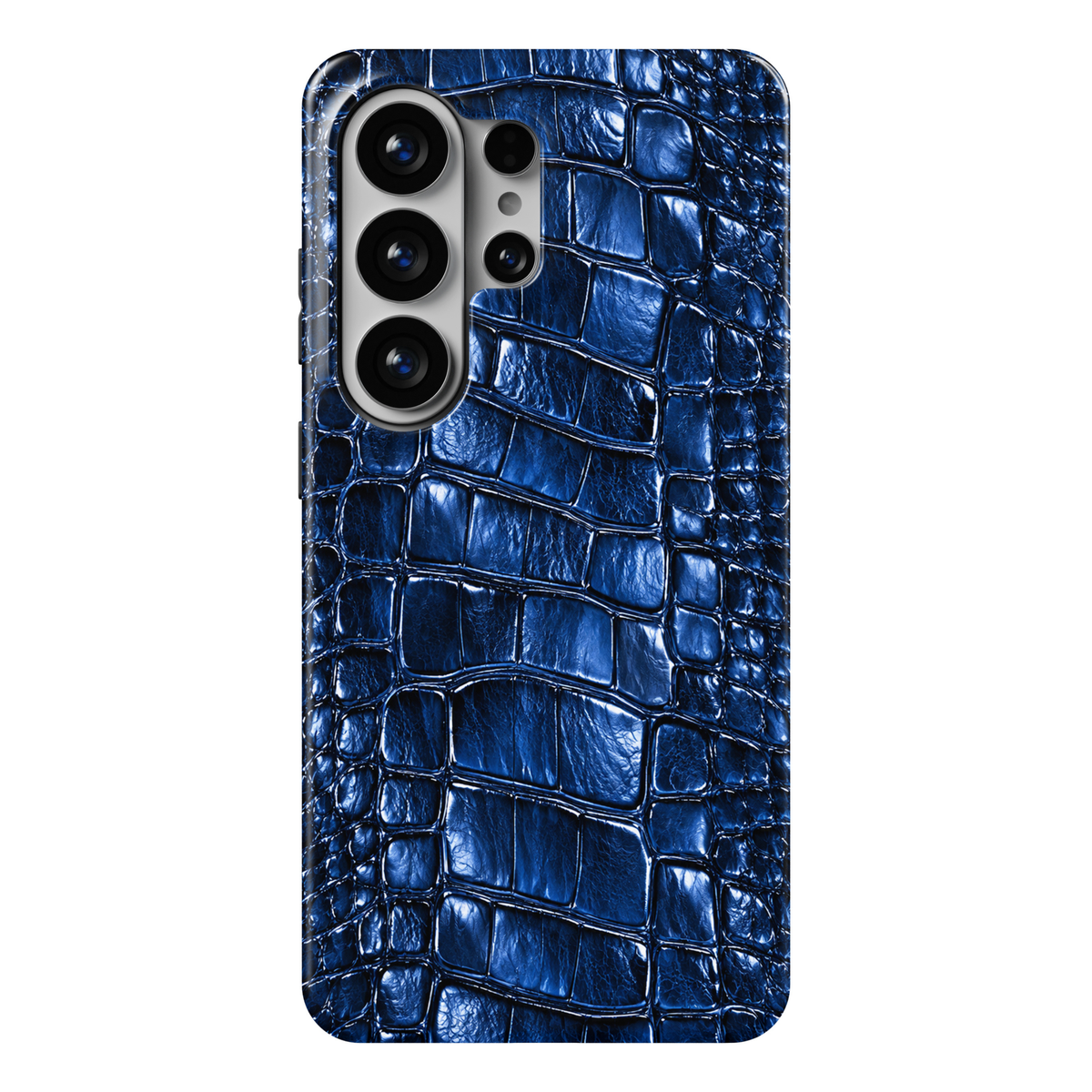 CASELIX Sapphire Croc Samsung Galaxy S26 Ultra Tough MagSafe protective phone case featuring a luxurious deep sapphire-blue crocodile leather-inspired pattern with a striking high-gloss finish. The sophisticated design showcases intricately detailed reptile scales in rich cobalt blue, midnight navy, and metallic sapphire tones, creating the appearance of embossed exotic crocodile leather. Irregular rectangular scales feature realistic textured surfaces, subtle natural creases, raised-looking edges, and bril