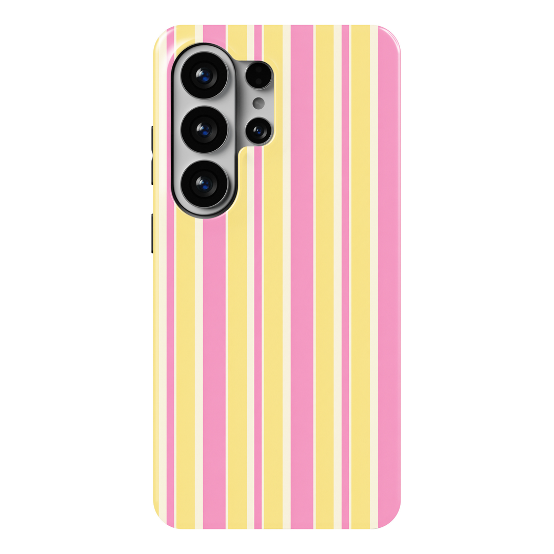 CASELIX Pink Lemonade Samsung Galaxy S26 Ultra Tough MagSafe protective phone case featuring a cheerful pastel vertical stripe pattern in soft butter yellow, bubblegum pink, and creamy ivory. The playful design showcases alternating wide and narrow stripes, combining sunny lemonade-yellow panels, sweet candy-pink accents, and delicate ivory separators. Clean, evenly spaced vertical lines create a fresh, balanced geometric pattern inspired by summer lemonade stands, retro candy stripes, and colorful beachsid