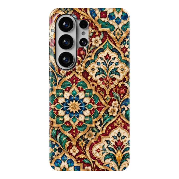 CASELIX Mughal Jewel Samsung Galaxy S26 Ultra Tough MagSafe protective phone case featuring luxurious Indian Mughal-inspired floral mandalas, intricate royal palace arches, ornate lotus motifs, and elegant botanical vines in rich emerald green, sapphire blue, ruby red, ivory, and shimmering gold. Exquisite traditional Indian jewelry-inspired detailing, symmetrical gemstone-like floral patterns, and elaborate golden filigree create a regal heritage aesthetic reminiscent of Mughal palace architecture and roya