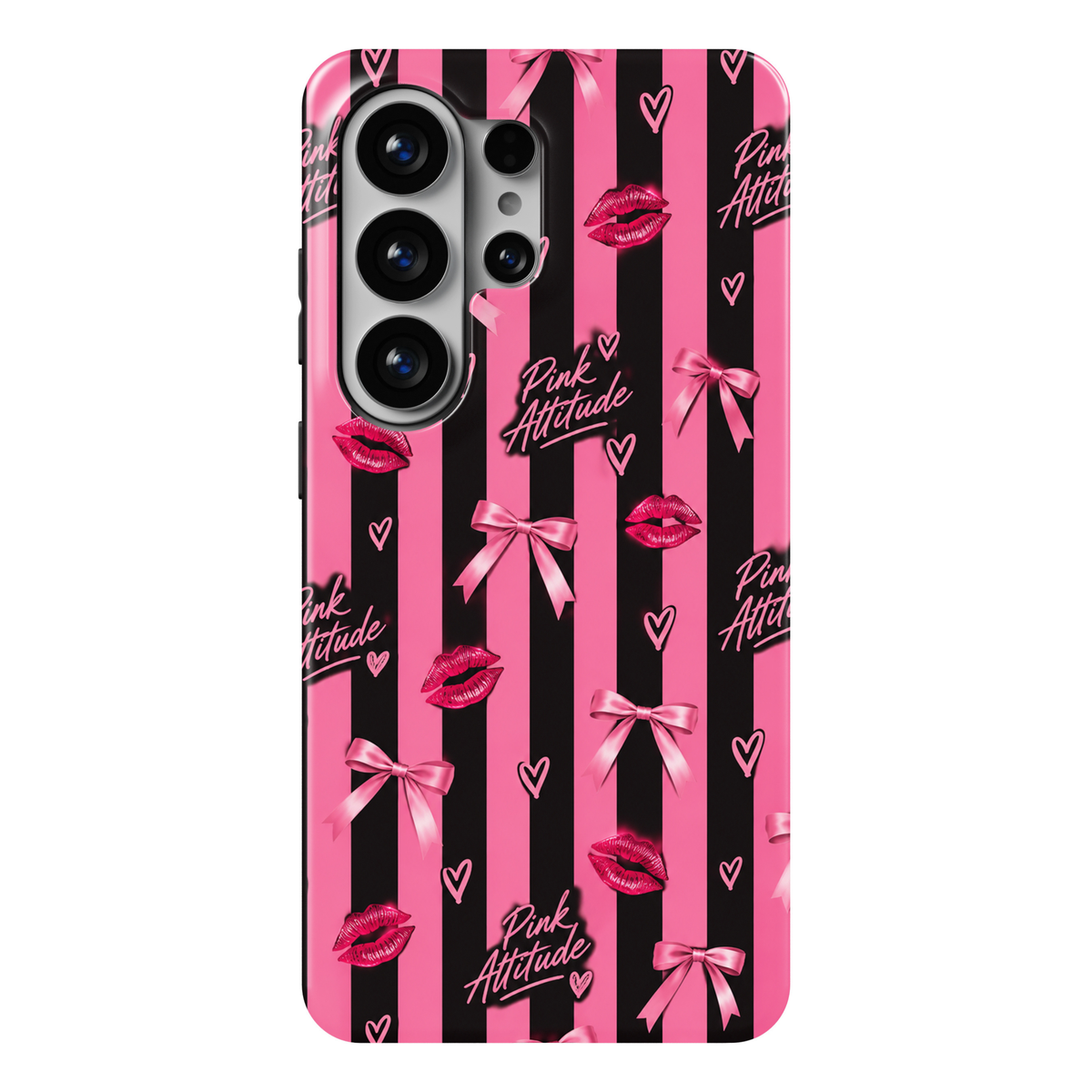CASELIX Pink Attitude Samsung Galaxy S26 Ultra Tough MagSafe protective phone case featuring bold hot-pink and jet-black vertical stripes decorated with glossy fuchsia lipstick kiss prints, delicate pink satin ribbon bows, playful hand-drawn hearts, and stylish “Pink Attitude” handwritten lettering. The vibrant repeating pattern combines glamorous pink-and-black fashion aesthetics, romantic coquette-inspired bows, flirty lipstick artwork, and trendy girly details for a bold, confident statement look. Stylis