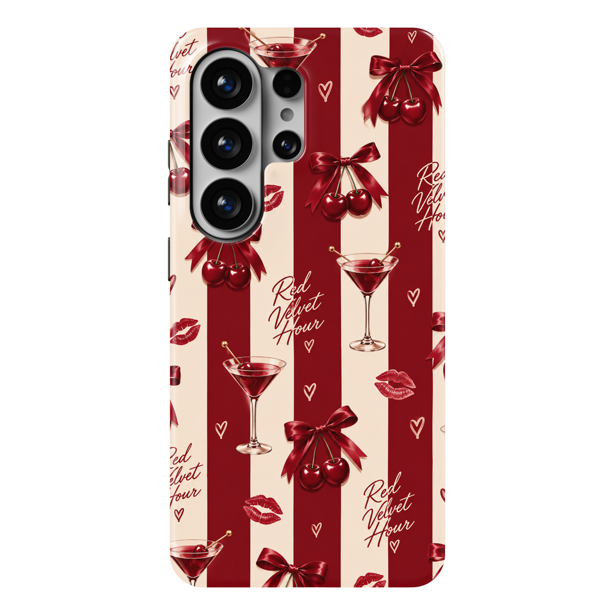 CASELIX Red Velvet Hour Samsung Galaxy S26 Ultra Tough MagSafe protective phone case featuring elegant deep burgundy-red and creamy ivory vertical stripes decorated with glossy ruby-red cherries tied with luxurious crimson satin bows, sophisticated cherry martini cocktail glasses, playful red lipstick kiss prints, delicate hand-drawn hearts, and stylish “Red Velvet Hour” handwritten lettering. The romantic repeating pattern combines rich cherry-red tones, feminine coquette-inspired ribbons, glamorous cockta