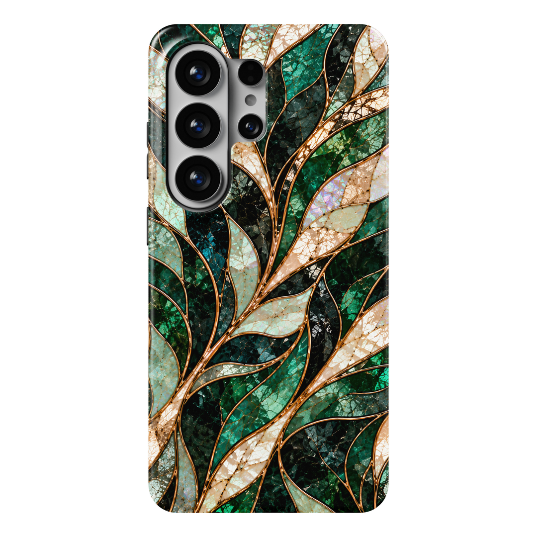 CASELIX Emerald Veil Samsung Galaxy S26 Ultra Tough MagSafe protective phone case featuring luxurious flowing botanical-inspired abstract waves in rich emerald green, deep forest green, shimmering jade, soft mint turquoise, midnight black, and luminous ivory pearl tones. Elegant intertwining leaf-shaped ribbons, intricate gemstone-inspired mosaic textures, iridescent mother-of-pearl detailing, and delicate metallic gold-inspired outlines create a sophisticated stained-glass and precious-stone aesthetic. Bea