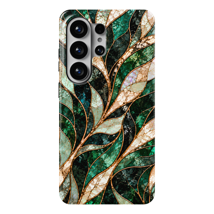 CASELIX Emerald Veil Samsung Galaxy S26 Ultra Tough MagSafe protective phone case featuring luxurious flowing botanical-inspired abstract waves in rich emerald green, deep forest green, shimmering jade, soft mint turquoise, midnight black, and luminous ivory pearl tones. Elegant intertwining leaf-shaped ribbons, intricate gemstone-inspired mosaic textures, iridescent mother-of-pearl detailing, and delicate metallic gold-inspired outlines create a sophisticated stained-glass and precious-stone aesthetic. Bea