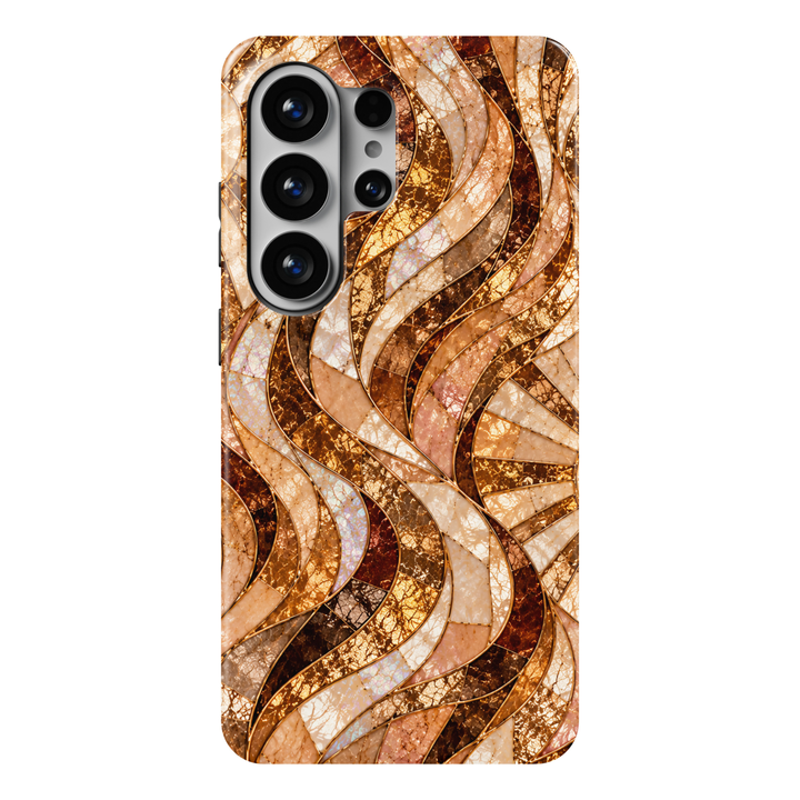 CASELIX Golden Amber Samsung Galaxy S26 Ultra Tough MagSafe protective phone case featuring luxurious flowing abstract waves in rich amber, warm caramel, golden bronze, champagne gold, creamy ivory, and soft blush-peach tones. Elegant intertwining ribbons of shimmering gemstone-inspired textures, luminous mother-of-pearl mosaic detailing, warm honey-colored marble effects, and delicate metallic gold-inspired outlines create a sophisticated stained-glass and precious-stone aesthetic. Beautiful neutral-toned 