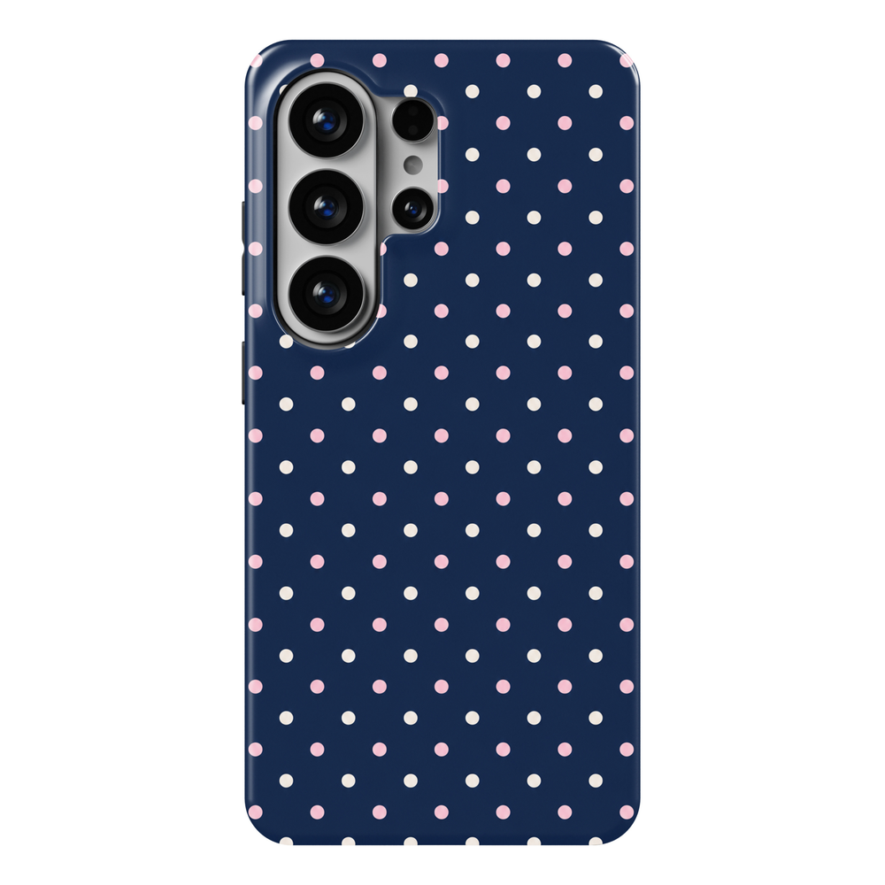 CASELIX Midnight Polka Samsung Galaxy S26 Ultra Tough MagSafe protective phone case featuring a sophisticated deep midnight-navy blue background decorated with evenly spaced miniature polka dots in soft blush pink and creamy ivory white. The delicate circular dots alternate in perfectly aligned, staggered rows, creating a clean, balanced geometric pattern with a timeless feminine aesthetic. Rich navy-blue tones contrast beautifully with the pastel pink and warm white accents, giving the design a charming bl