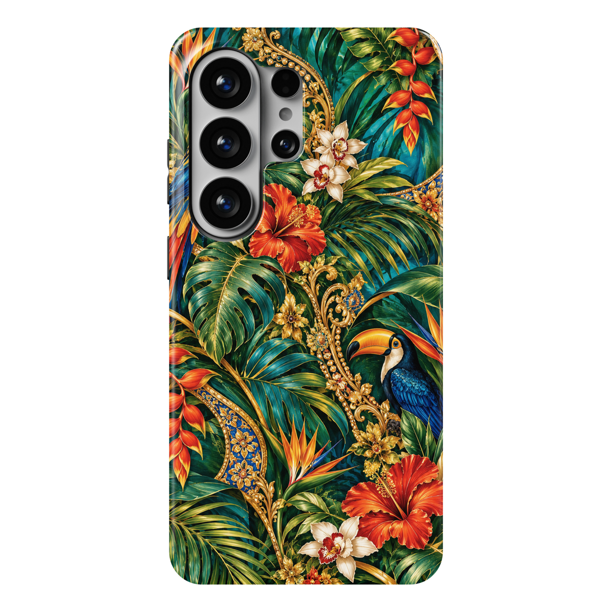 CASELIX Brazilian Paradise Samsung Galaxy S26 Ultra Tough MagSafe protective phone case featuring a magnificent tropical toucan with vibrant golden-yellow beak and sapphire-blue feathers, surrounded by lush emerald-green monstera leaves, exotic palm foliage, fiery orange-red hibiscus flowers, delicate ivory orchids, colorful heliconia blossoms, and striking birds-of-paradise flowers. Intricate golden baroque scrollwork, jewel-inspired blue accents, and rich turquoise rainforest tones create a luxurious Braz