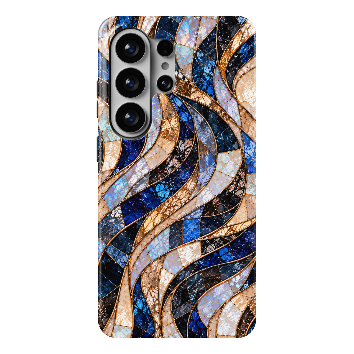 CASELIX Sapphire Opulence Samsung Galaxy S26 Ultra Tough MagSafe protective phone case featuring luxurious flowing abstract waves in brilliant sapphire blue, deep royal blue, midnight navy, jet black, champagne gold, and luminous ivory pearl tones. Elegant intertwining ribbons of iridescent mother-of-pearl, intricate gemstone-inspired mosaic textures, shimmering golden accents, and delicate metallic gold-inspired outlines create a sophisticated stained-glass and precious-stone aesthetic. Beautiful blue and 