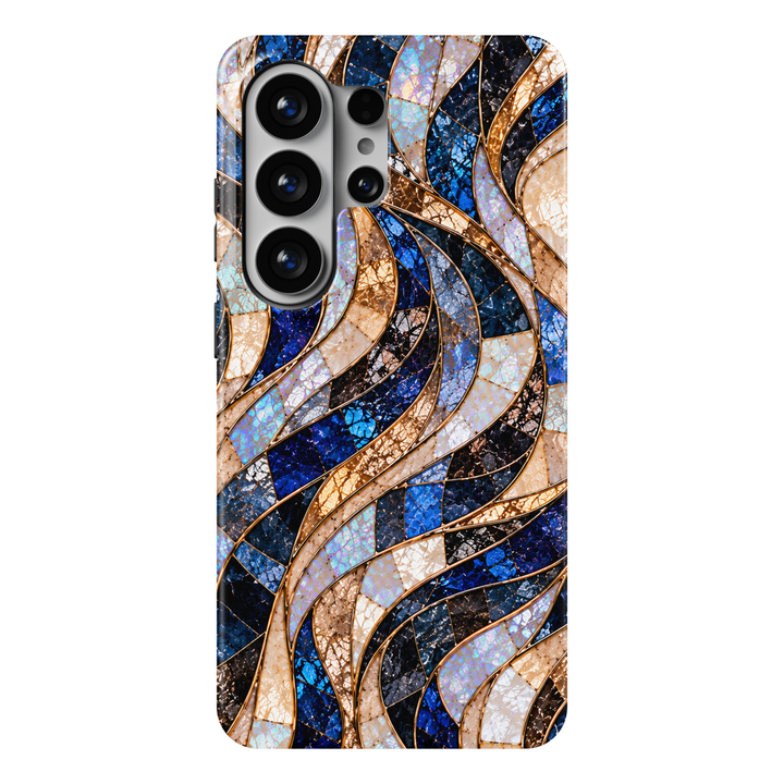 CASELIX Sapphire Opulence Samsung Galaxy S26 Ultra Tough MagSafe protective phone case featuring luxurious flowing abstract waves in brilliant sapphire blue, deep royal blue, midnight navy, jet black, champagne gold, and luminous ivory pearl tones. Elegant intertwining ribbons of iridescent mother-of-pearl, intricate gemstone-inspired mosaic textures, shimmering golden accents, and delicate metallic gold-inspired outlines create a sophisticated stained-glass and precious-stone aesthetic. Beautiful blue and 