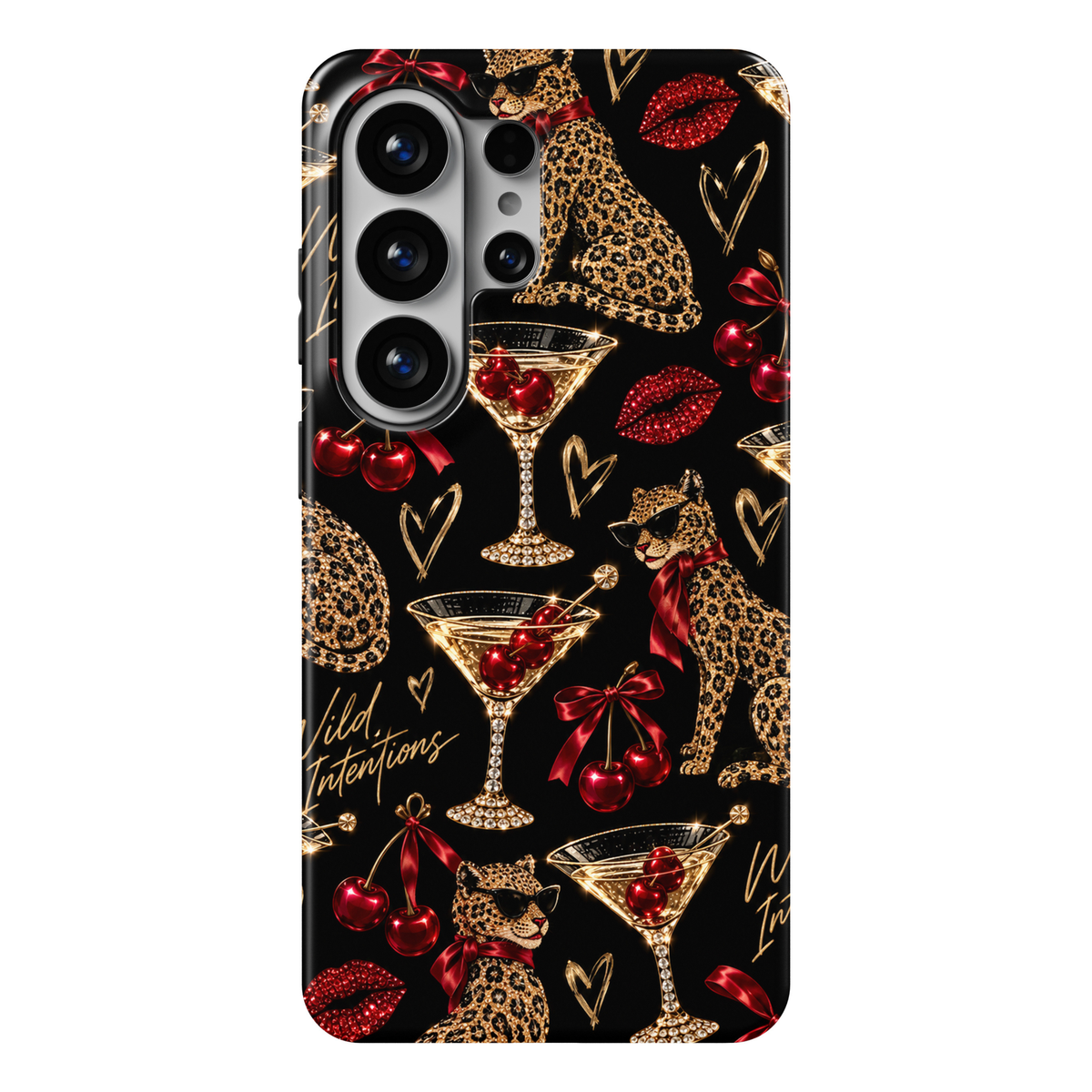 CASELIX Wild Intentions Samsung Galaxy S26 Ultra Tough MagSafe protective phone case featuring a glamorous jet-black background adorned with fierce golden leopard illustrations wearing chic black sunglasses and luxurious crimson-red satin bows. Sparkling diamond-inspired cherry martini glasses, glossy ruby-red cherries, dazzling rhinestone lipstick kiss prints, and shimmering hand-drawn gold hearts create a bold, sophisticated cocktail-party aesthetic. Elegant champagne-gold “Wild Intentions” handwritten le