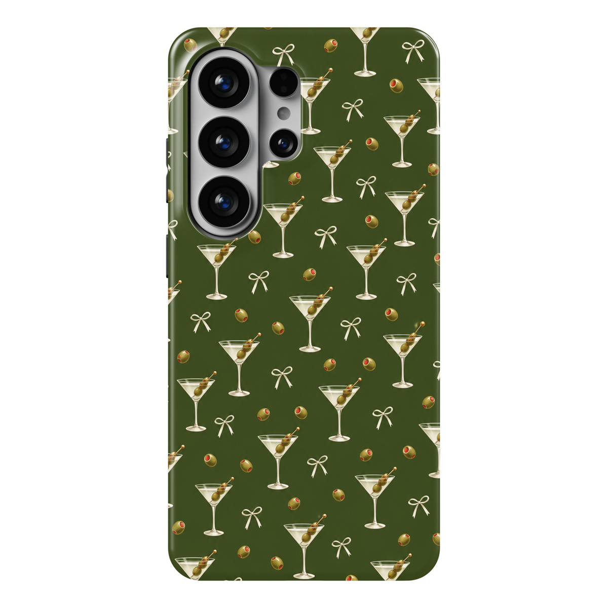 CASELIX Olive Martini Samsung Galaxy S26 Ultra Tough MagSafe protective phone case featuring a chic olive-green background decorated with elegant martini cocktail glasses, green olives with red pimento centers, delicate ivory ribbon bows, and golden cocktail picks. The playful repeating pattern combines sophisticated cocktail illustrations, minimalist coquette bows, and rich martini olive-green tones for a trendy, feminine, vintage-inspired aesthetic. Stylish green Samsung Galaxy phone case for women with a