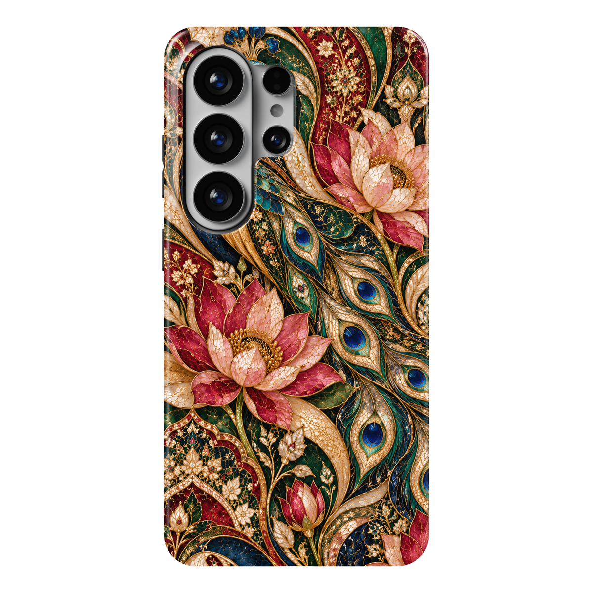 CASELIX Royal Peacock Samsung Galaxy S26 Ultra Tough MagSafe protective phone case featuring magnificent Indian peacock feathers with brilliant sapphire-blue and emerald-green jeweled eye motifs, surrounded by luxurious blush-pink and ruby-red lotus flowers, intricate golden botanical vines, and ornate Mughal-inspired floral arches. Rich jewel tones of deep emerald, royal blue, burgundy, rose pink, and champagne gold blend with elaborate golden filigree and luminous stained-glass-inspired detailing to creat