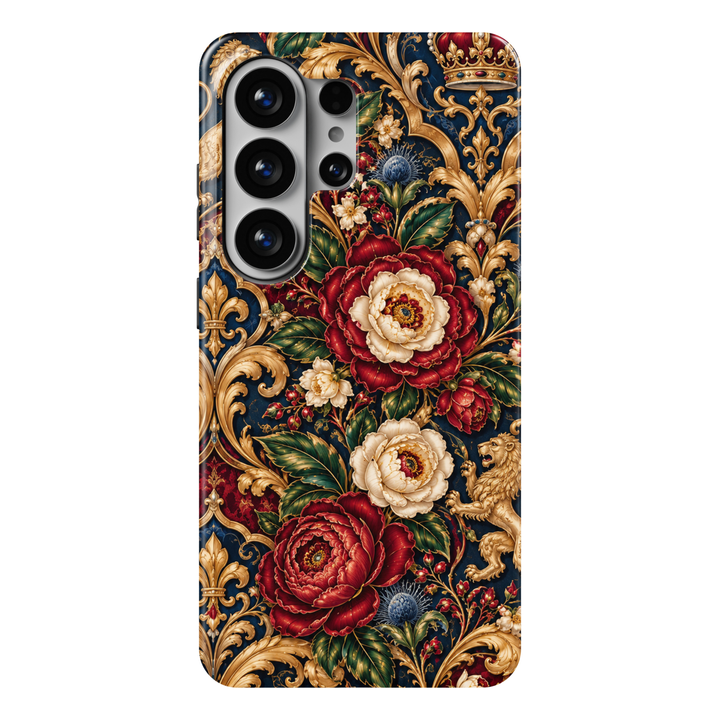 CASELIX Royal Britannia Samsung Galaxy S26 Ultra Tough MagSafe protective phone case featuring luxurious crimson-red and ivory peonies, deep emerald-green botanical foliage, delicate blue thistles, ornate golden baroque scrollwork, royal fleur-de-lis motifs, a jeweled crown, and a majestic gold lion against a rich navy-blue background. Elegant British royalty-inspired Galaxy phone case for women with a glossy printed finish, regal English heritage aesthetic, sophisticated red blue and gold floral artwork, v