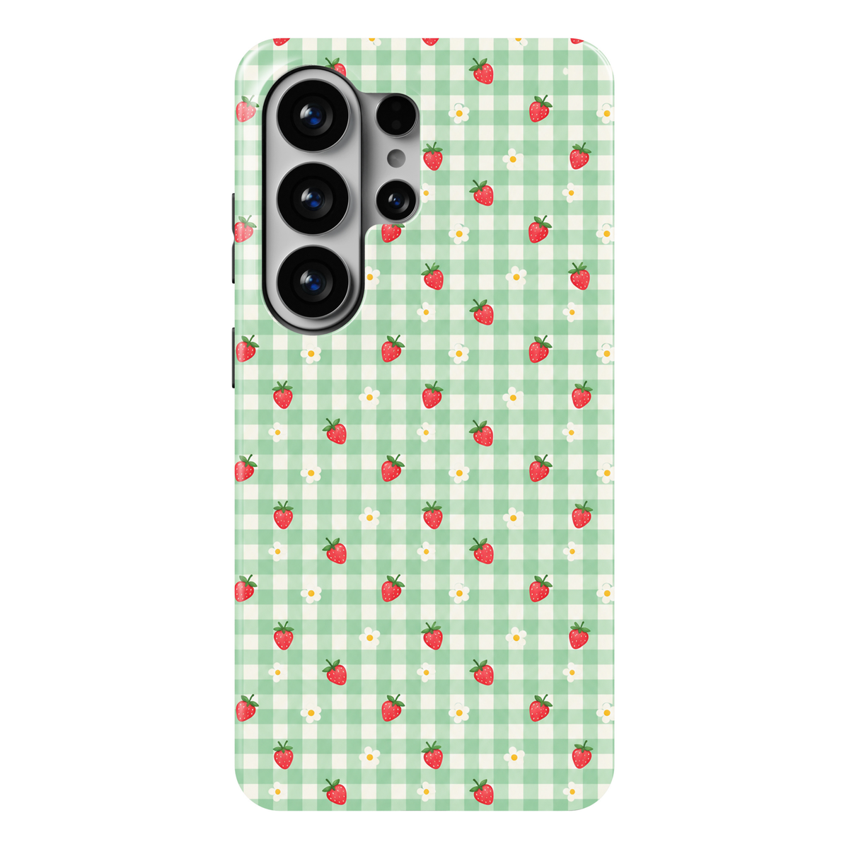CASELIX Strawberry Meadow Samsung Galaxy S26 Ultra Tough MagSafe protective phone case featuring a charming mint-green and creamy-white gingham checkerboard pattern decorated with adorable miniature red strawberries and delicate white daisies. Bright strawberry motifs feature tiny white seeds, fresh green leaves, and cheerful coral-red tones, while dainty five-petal daisies showcase sunny golden-yellow centers. The evenly spaced pastel green gingham checks create a fresh, playful countryside aesthetic inspi