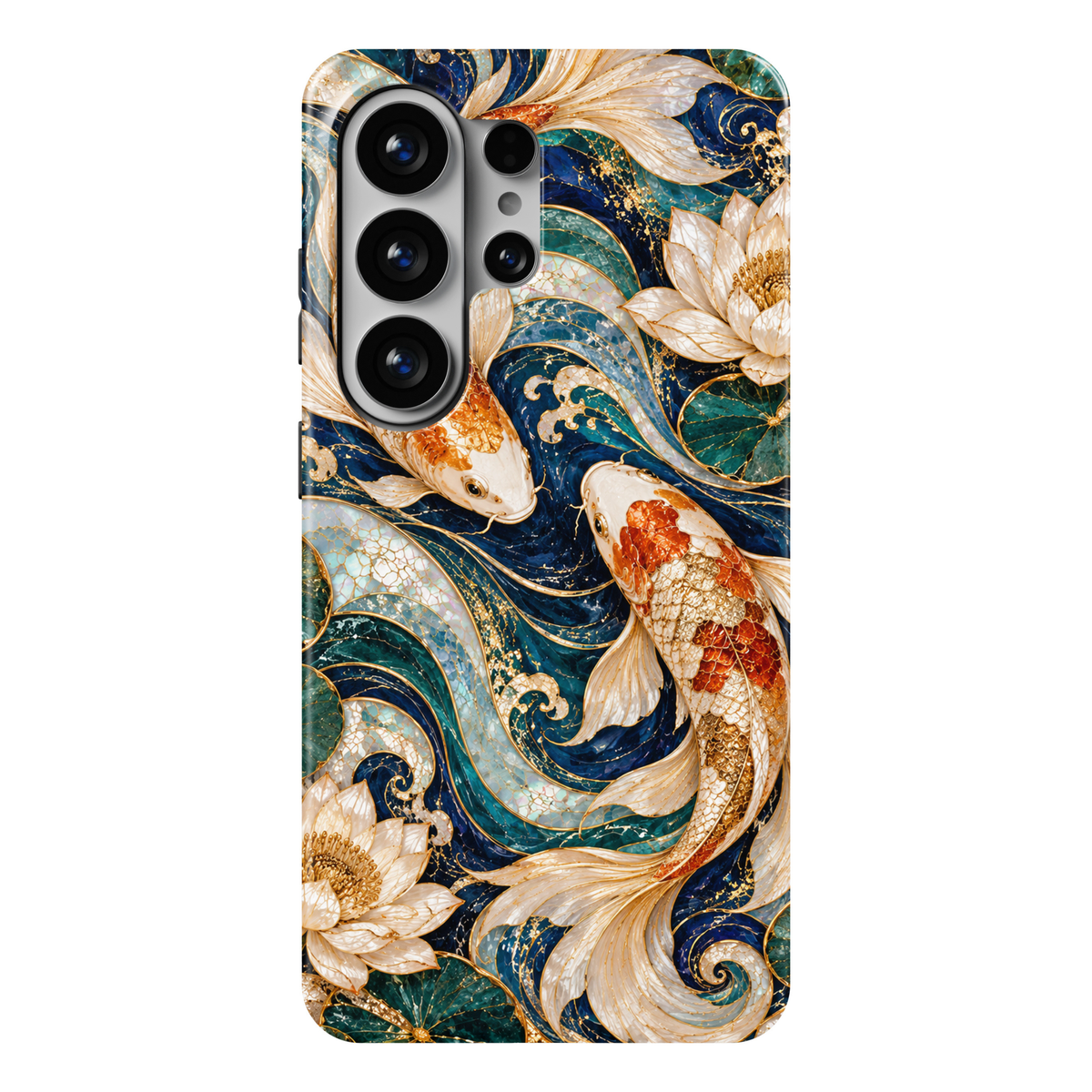 CASELIX Koi Serenity Samsung Galaxy S26 Ultra Tough MagSafe protective phone case featuring two graceful Japanese koi fish with luminous ivory-white scales, shimmering golden details, and vibrant orange-red markings, swimming through swirling midnight-blue, turquoise, and emerald-green waters. Elegant white lotus blossoms, delicate golden botanical accents, and intricate flowing wave patterns create a luxurious Japanese-inspired aquatic design. Rich sapphire-blue tones, pearlescent stained-glass-inspired te
