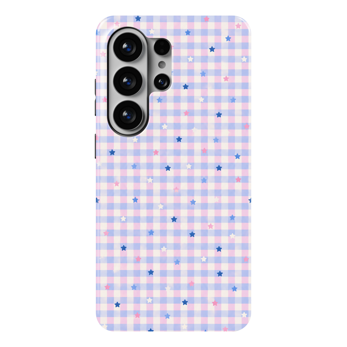 CASELIX Pastel Star Gingham Samsung Galaxy S26 Ultra Tough MagSafe protective phone case featuring a charming pastel gingham checkerboard pattern in soft baby pink, lavender-blue, and creamy white. The delicate plaid background is decorated with scattered miniature stars in vibrant cobalt blue, powder blue, bubblegum pink, and ivory, creating a playful yet feminine aesthetic. Evenly spaced gingham checks, dainty colorful star motifs, and soft candy-colored tones give the design a dreamy, nostalgic Y2K-inspi