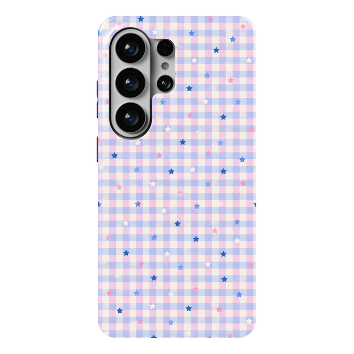 CASELIX Pastel Star Gingham Samsung Galaxy S26 Ultra Tough MagSafe protective phone case featuring a charming pastel gingham checkerboard pattern in soft baby pink, lavender-blue, and creamy white. The delicate plaid background is decorated with scattered miniature stars in vibrant cobalt blue, powder blue, bubblegum pink, and ivory, creating a playful yet feminine aesthetic. Evenly spaced gingham checks, dainty colorful star motifs, and soft candy-colored tones give the design a dreamy, nostalgic Y2K-inspi
