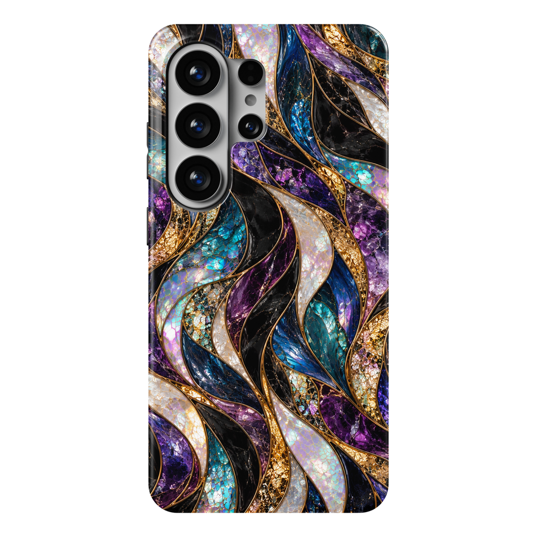 CASELIX Amethyst Opulence Samsung Galaxy S26 Ultra Tough MagSafe protective phone case featuring luxurious flowing abstract waves in deep amethyst purple, sapphire blue, iridescent turquoise, midnight black, and luminous pearl white, elegantly separated by shimmering metallic gold-inspired outlines. Intricate gemstone-inspired textures, opalescent mosaic detailing, and sweeping curved ribbons create a sophisticated stained-glass and precious-stone aesthetic. Elegant abstract Galaxy phone case for women with