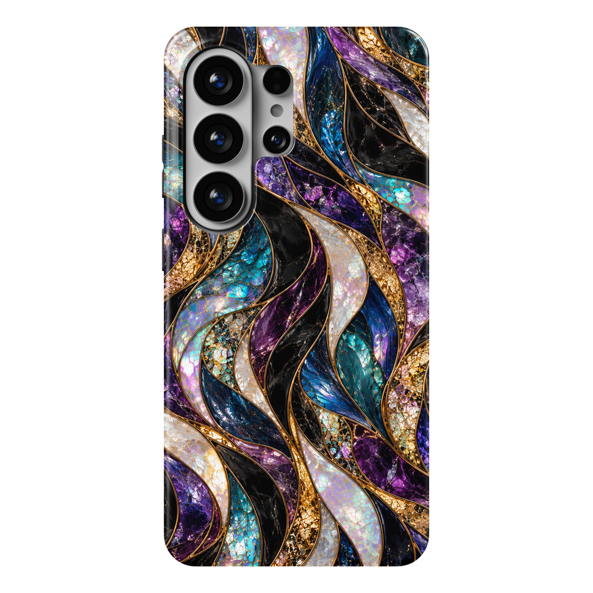 CASELIX Amethyst Opulence Samsung Galaxy S26 Ultra Tough MagSafe protective phone case featuring luxurious flowing abstract waves in deep amethyst purple, sapphire blue, iridescent turquoise, midnight black, and luminous pearl white, elegantly separated by shimmering metallic gold-inspired outlines. Intricate gemstone-inspired textures, opalescent mosaic detailing, and sweeping curved ribbons create a sophisticated stained-glass and precious-stone aesthetic. Elegant abstract Galaxy phone case for women with