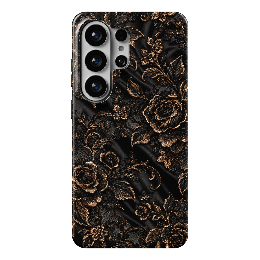 CASELIX Midnight Gilded Rose Samsung Galaxy S26 Ultra Tough MagSafe protective phone case featuring an opulent black and antique-gold floral pattern inspired by vintage baroque elegance. The luxurious design showcases intricately detailed black roses with shimmering metallic bronze-gold outlines, delicate lace-inspired textures, and beautifully layered petals. Elegant botanical vines intertwine with ornate golden leaves, miniature blossoms, and graceful scrolling flourishes across a rich jet-black satin-ins