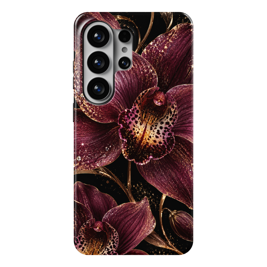 CASELIX Midnight Orchid Luxe Samsung Galaxy S26 Ultra Tough MagSafe protective phone case featuring luxurious deep burgundy and plum-purple orchids adorned with shimmering gold-inspired accents against a rich midnight-black background. The dramatic floral design showcases oversized exotic orchid blossoms with elegantly curved petals in rich wine-red, dark amethyst, and velvety maroon tones. Each flower features intricate natural-looking petal veins, delicate golden speckles, and beautifully detailed centers