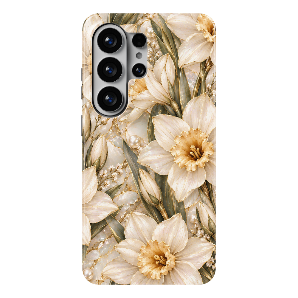 CASELIX Ivory Narcissus Samsung Galaxy S26 Ultra Tough MagSafe protective phone case featuring a luxurious pearlescent ivory and champagne-gold background adorned with elegant creamy-white narcissus blossoms and delicate golden-yellow trumpet-shaped centers. Beautifully detailed flowers showcase luminous mother-of-pearl-inspired petals, intricate champagne-gold outlines, soft ivory gradients, and subtle shimmering accents. Graceful sage-green and muted olive botanical leaves intertwine with slender golden s