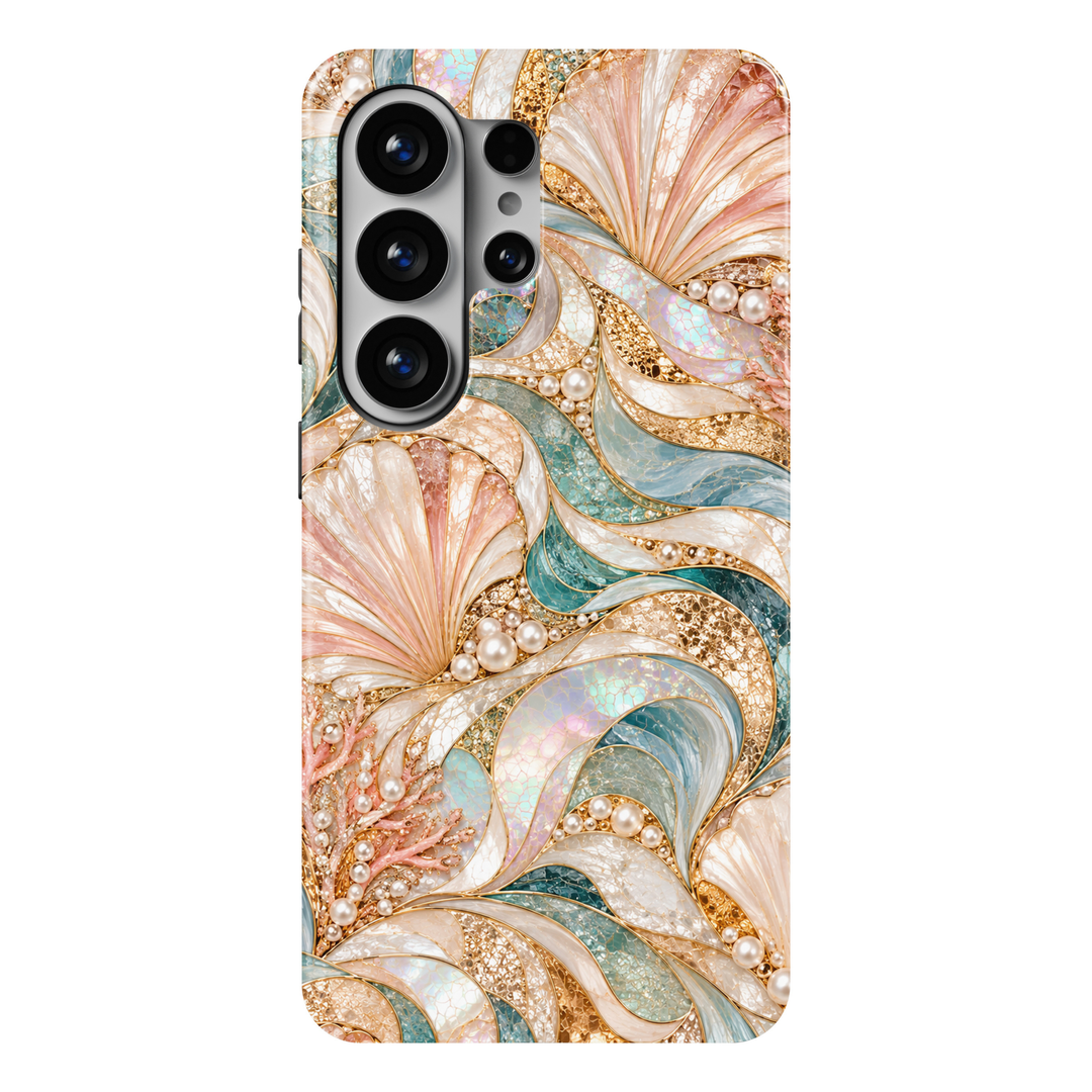 CASELIX Pearl Lagoon Samsung Galaxy S26 Ultra Tough MagSafe protective phone case featuring luxurious flowing ocean-inspired waves in soft aqua turquoise, champagne gold, blush pink, and luminous ivory pearl tones. Elegant iridescent seashells, delicate coral branches, shimmering pearl clusters, and intricate mother-of-pearl mosaic textures blend with sweeping golden ribbons and graceful abstract curves. The opalescent pastel colors, metallic gold-inspired detailing, and pearlescent gemstone effects create 
