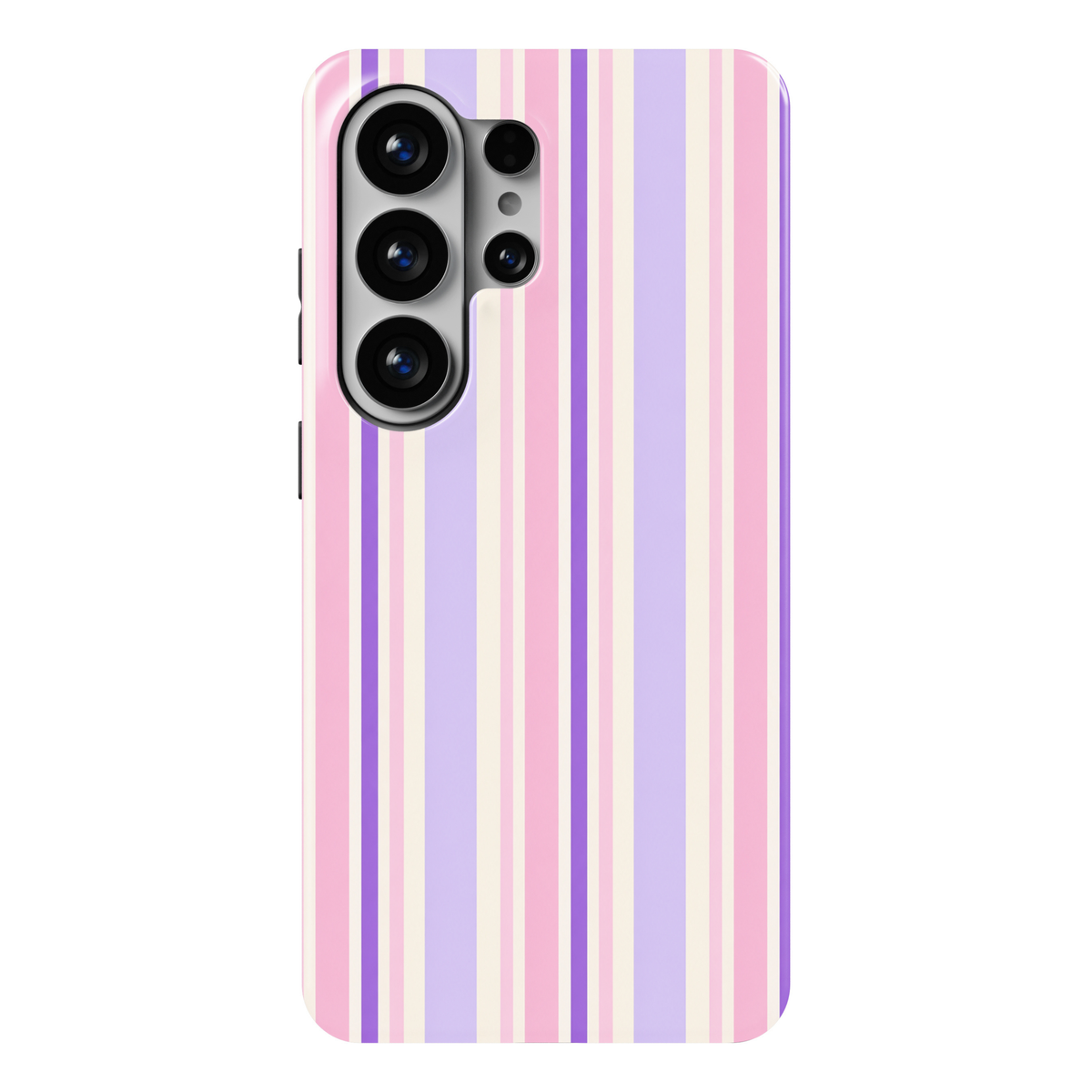 CASELIX Lavender Blush Samsung Galaxy S26 Ultra Tough MagSafe protective phone case featuring an elegant pastel vertical stripe pattern in soft lavender, delicate lilac-purple, blush pink, and creamy ivory. The sophisticated design showcases alternating wide and narrow stripes, combining dreamy lavender panels, sweet baby-pink accents, vibrant violet lines, and subtle cream-colored separators. Clean, evenly spaced vertical stripes create a polished, balanced geometric pattern inspired by romantic pastel fas