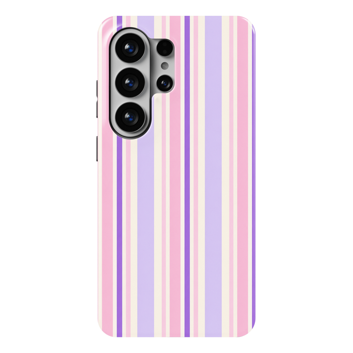 CASELIX Lavender Blush Samsung Galaxy S26 Ultra Tough MagSafe protective phone case featuring an elegant pastel vertical stripe pattern in soft lavender, delicate lilac-purple, blush pink, and creamy ivory. The sophisticated design showcases alternating wide and narrow stripes, combining dreamy lavender panels, sweet baby-pink accents, vibrant violet lines, and subtle cream-colored separators. Clean, evenly spaced vertical stripes create a polished, balanced geometric pattern inspired by romantic pastel fas