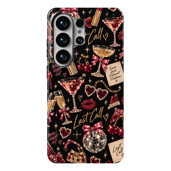 CASELIX Last Call Samsung Galaxy S26 Ultra Tough MagSafe protective phone case featuring a glamorous jet-black background adorned with sparkling rhinestone-inspired cherry martini glasses, elegant champagne coupes, shimmering gold champagne flutes, and dazzling silver disco balls decorated with hot-pink jeweled bows. Luxurious ruby-red cherries, glittering lipstick kiss prints, sparkling heart-shaped jewelry, glamorous high heels, jeweled handbags, and lipstick illustrations create a chic girls&