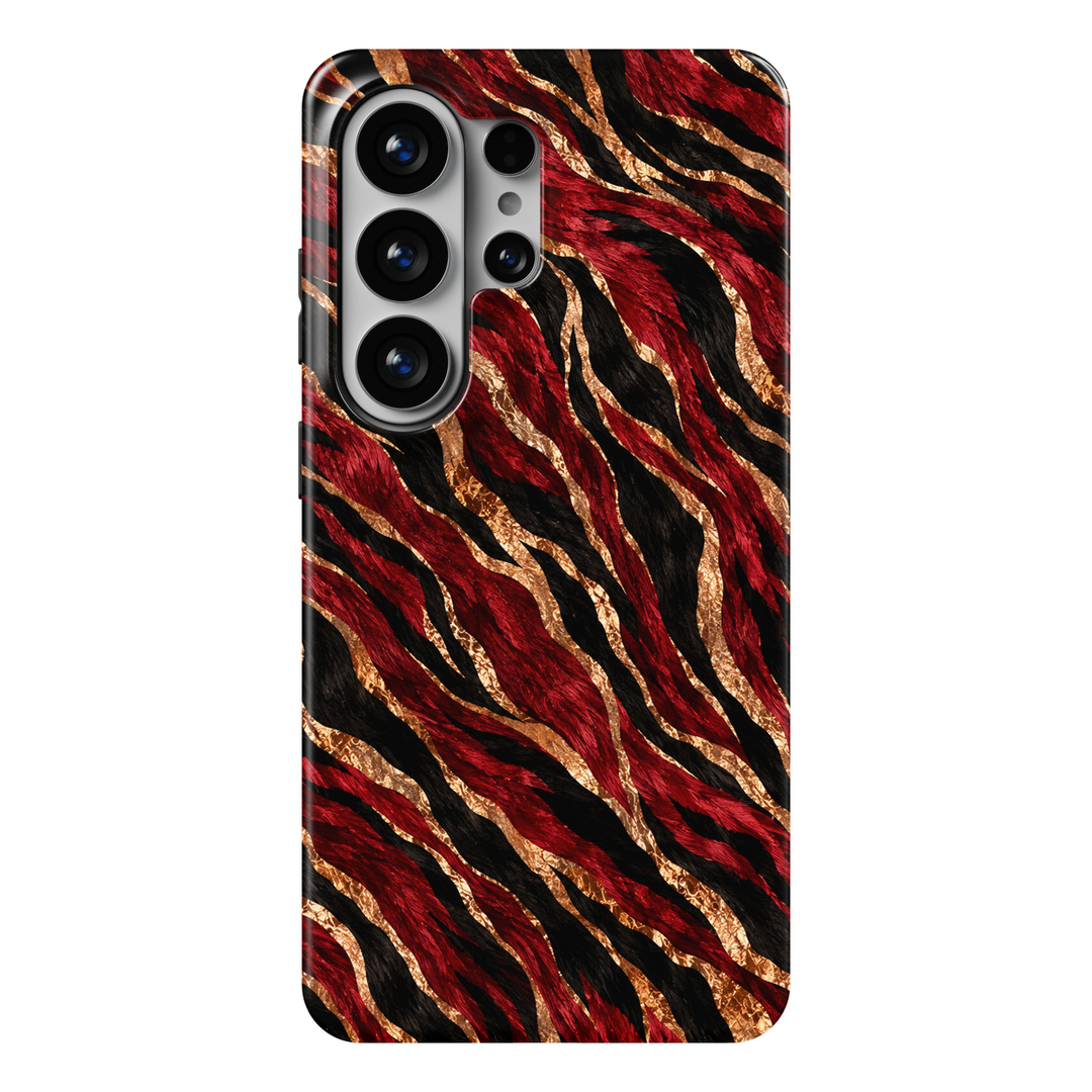 CASELIX Crimson Wild Samsung Galaxy S26 Ultra Tough MagSafe protective phone case featuring a bold, luxurious animal-inspired abstract pattern with flowing tiger-like stripes in deep crimson red, jet black, and shimmering metallic rose gold. Rich ruby-red textured waves intertwine with dramatic black animal-print markings and glittering gold-inspired accents, creating a fierce, glamorous, and sophisticated design. Elegant red and black Samsung Galaxy phone case for women with a glossy printed finish, luxury