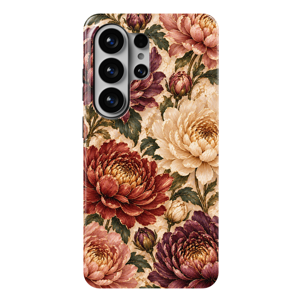 CASELIX Chrysanthemum Glow Samsung Galaxy S26 Ultra Tough MagSafe protective phone case featuring a luxurious pearlescent ivory and warm champagne background adorned with magnificent chrysanthemum blossoms in rich terracotta-red, dusty rose, soft peach, creamy ivory, and deep plum-purple. Beautifully layered chrysanthemum flowers showcase intricate, densely arranged petals with luminous mother-of-pearl-inspired textures, delicate champagne-gold outlines, and radiant golden floral centers. Elegant deep sage-