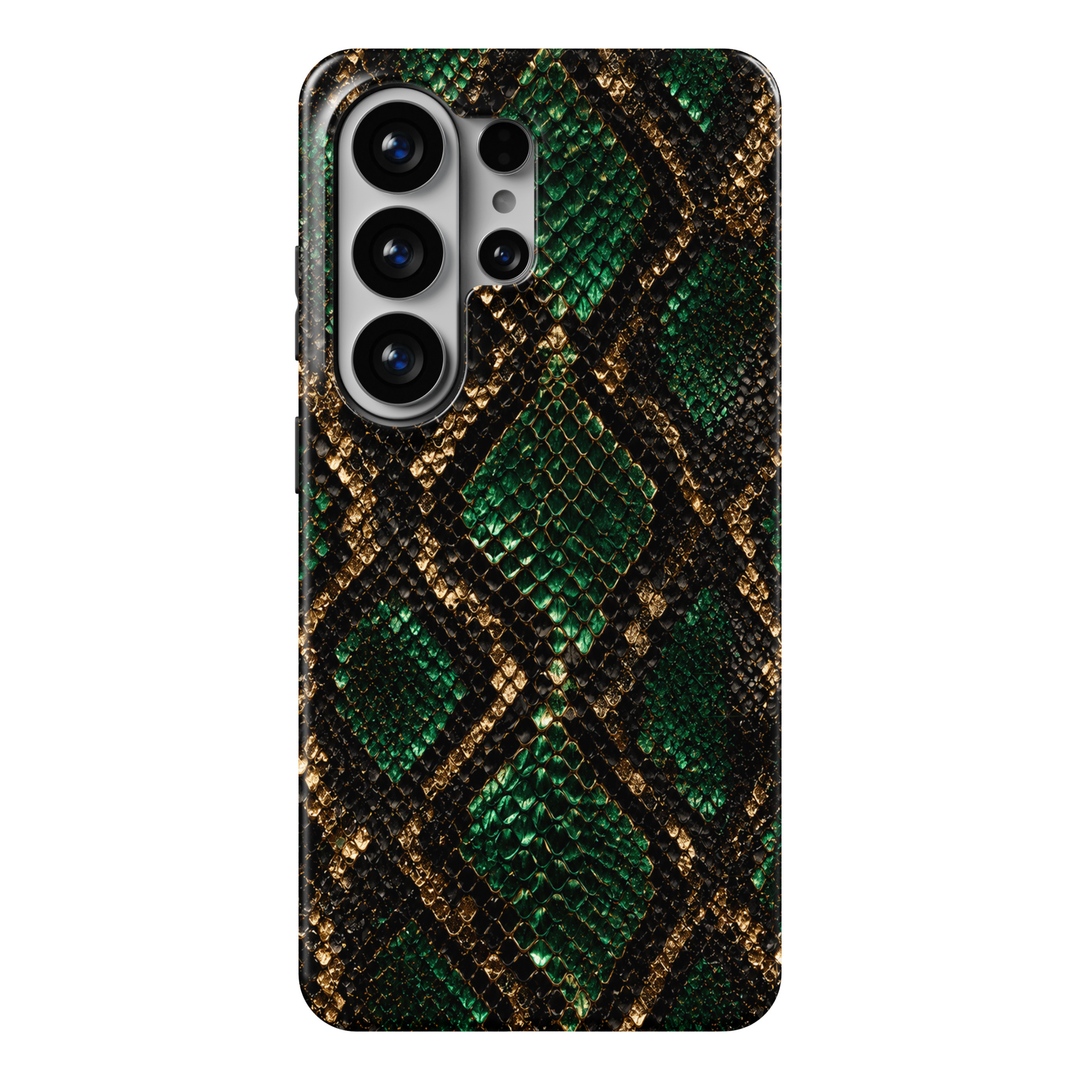 CASELIX Emerald Serpent Samsung Galaxy S26 Ultra Tough MagSafe protective phone case featuring a luxurious emerald-green, midnight-black, and metallic gold snakeskin-inspired pattern. The striking design showcases intricately detailed python scales arranged in bold diamond-shaped formations, combining rich jewel-toned emerald centers, deep onyx-black borders, and shimmering antique-gold accents. Each reptile scale features realistic textured detailing, glossy reflective highlights, and dimensional shading t