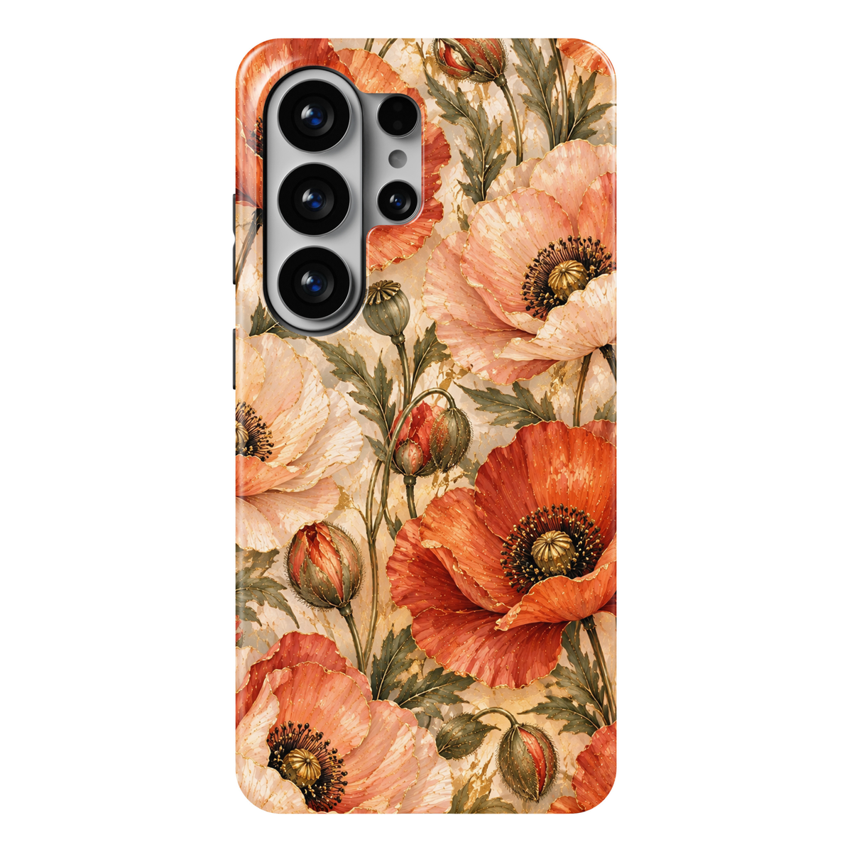 CASELIX Poppy Radiance Samsung Galaxy S26 Ultra Tough MagSafe protective phone case featuring a luxurious pearlescent ivory and warm champagne background adorned with radiant coral-orange, soft peach, and blush-pink poppy blossoms. Beautifully detailed poppy flowers showcase delicate, flowing petals with luminous mother-of-pearl-inspired textures, intricate champagne-gold outlines, warm apricot gradients, and dramatic dark floral centers accented with golden seed pods. Elegant sage-green botanical leaves in