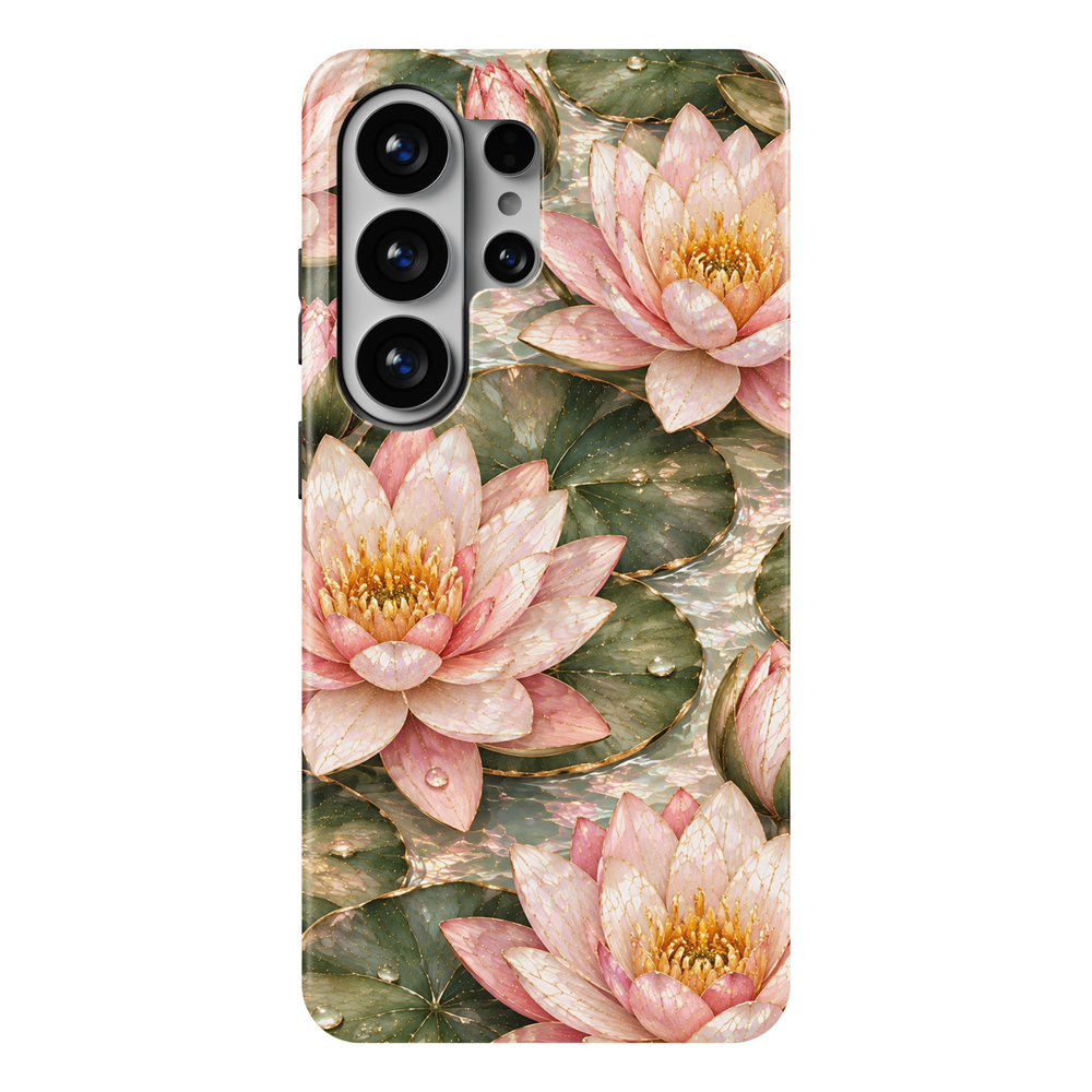 CASELIX Lotus Serenity Samsung Galaxy S26 Ultra Tough MagSafe protective phone case featuring a luxurious aquatic botanical design with elegant blush-pink and creamy-white water lilies floating among lush sage-green lily pads. Beautifully layered water lily blossoms showcase luminous mother-of-pearl-inspired petals, delicate champagne-gold outlines, soft rose-pink gradients, and radiant golden-yellow floral centers. Graceful rounded lily pads feature intricate golden veining, shimmering water droplets, and 