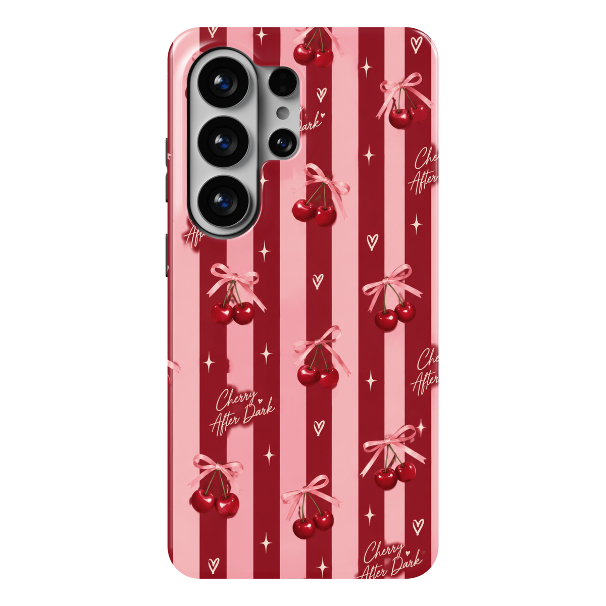 CASELIX Cherry After Dark Samsung Galaxy S26 Ultra Tough MagSafe protective phone case featuring a playful cherry-inspired pattern with glossy ruby-red cherries tied with delicate blush-pink satin bows, bold burgundy-red and pastel-pink vertical stripes, tiny hand-drawn ivory hearts, sparkling star accents, and elegant handwritten “Cherry After Dark” lettering. The romantic repeating pattern combines a trendy coquette aesthetic, retro cherry artwork, feminine ribbon bows, and vibrant pink-and-red color comb