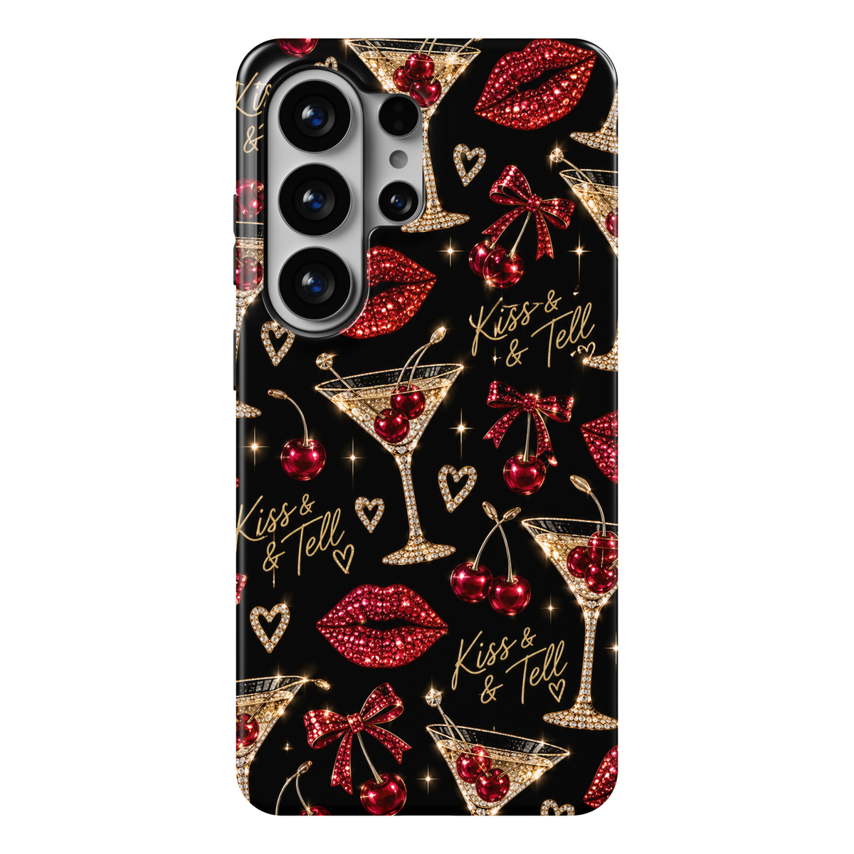 CASELIX Kiss & Tell Samsung Galaxy S26 Ultra Tough MagSafe protective phone case featuring a glamorous jet-black background decorated with sparkling ruby-red rhinestone-inspired lipstick kiss prints, luxurious cherry martini cocktail glasses embellished with diamond-like crystals, and glossy red cherries tied with dazzling crimson jeweled bows. Elegant champagne-gold “Kiss & Tell” handwritten lettering, shimmering crystal hearts, delicate golden starbursts, and brilliant ruby gemstone-inspired accents creat
