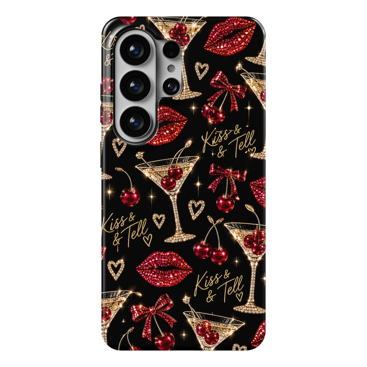 CASELIX Kiss &amp; Tell Samsung Galaxy S26 Ultra Tough MagSafe protective phone case featuring a glamorous jet-black background decorated with sparkling ruby-red rhinestone-inspired lipstick kiss prints, luxurious cherry martini cocktail glasses embellished with diamond-like crystals, and glossy red cherries tied with dazzling crimson jeweled bows. Elegant champagne-gold “Kiss &amp; Tell” handwritten lettering, shimmering crystal hearts, delicate golden starbursts, and brilliant ruby gemstone-inspired accents creat