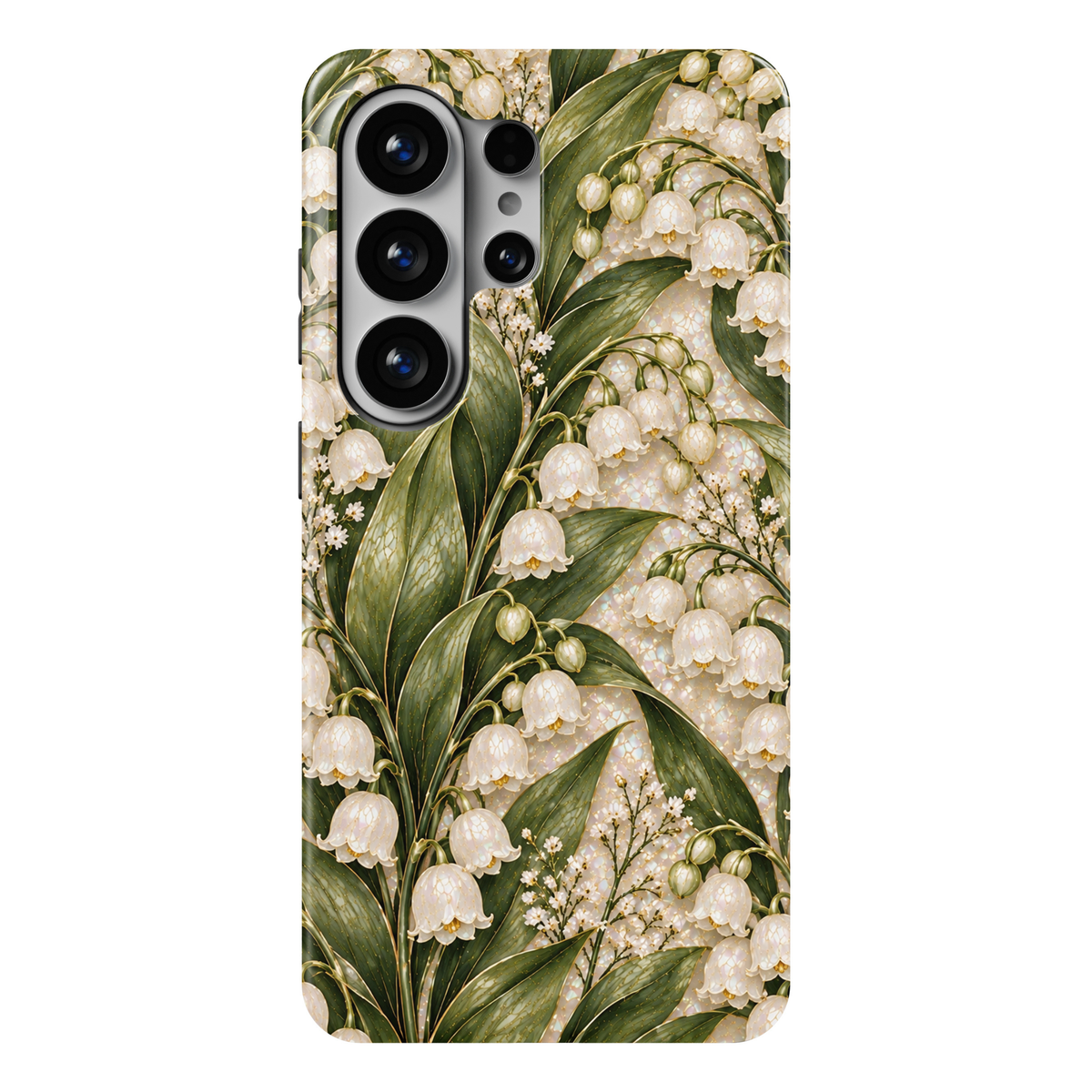 CASELIX Lily of the Valley Grace Samsung Galaxy S26 Ultra Tough MagSafe protective phone case featuring a luxurious pearlescent ivory and champagne-cream background adorned with delicate white lily of the valley blossoms. Elegant clusters of tiny bell-shaped flowers cascade gracefully from slender golden-green stems, surrounded by lush sage-green and deep olive botanical leaves. Beautifully detailed petals showcase luminous mother-of-pearl-inspired textures, intricate champagne-gold outlines, delicate golde