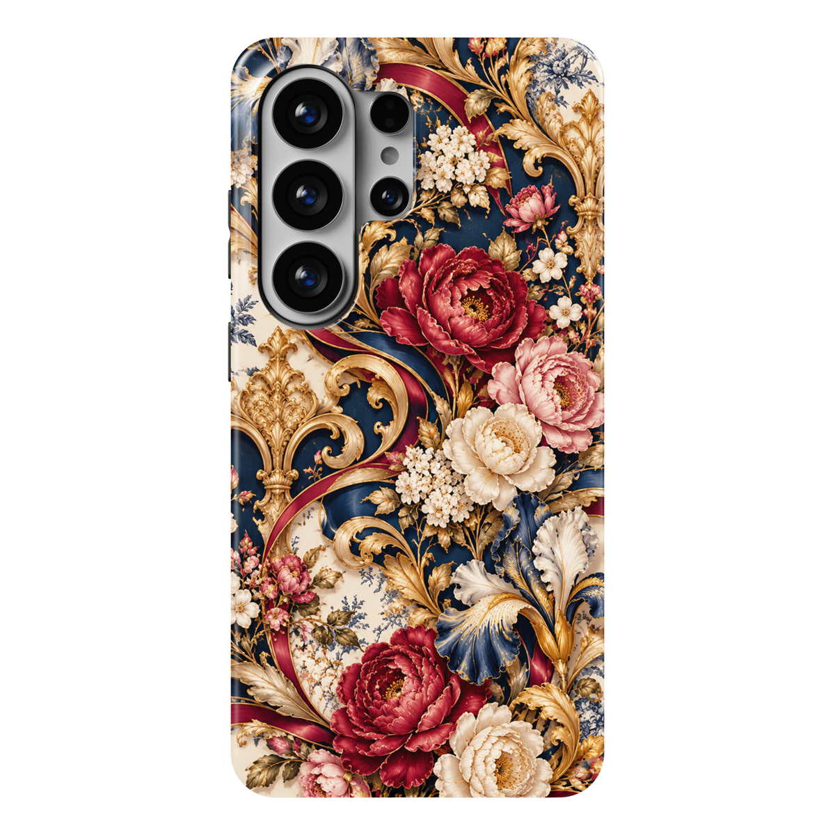 CASELIX Versailles Romance Samsung Galaxy S26 Ultra Tough MagSafe protective phone case featuring luxurious burgundy-red, blush-pink, and ivory peonies, delicate white blossoms, ornate champagne-gold baroque scrollwork, elegant fleur-de-lis-inspired flourishes, flowing crimson ribbons, and intricate royal-blue botanical detailing against a rich navy and cream background. Elegant French Versailles-inspired Galaxy phone case for women with a glossy printed finish, romantic Parisian luxury aesthetic, opulent R