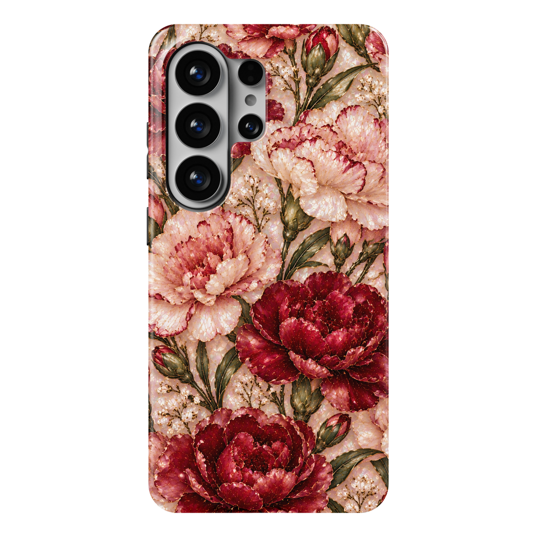 CASELIX Carnation Blush Samsung Galaxy S26 Ultra Tough MagSafe protective phone case featuring a luxurious pearlescent ivory and champagne-cream background adorned with romantic blush-pink, soft peach, and deep crimson-red carnations. Beautifully layered carnation blossoms showcase delicate ruffled petals, intricate burgundy-red edges, luminous mother-of-pearl-inspired textures, and subtle champagne-gold detailing. Elegant sage-green botanical leaves intertwine with graceful golden stems, unopened carnation