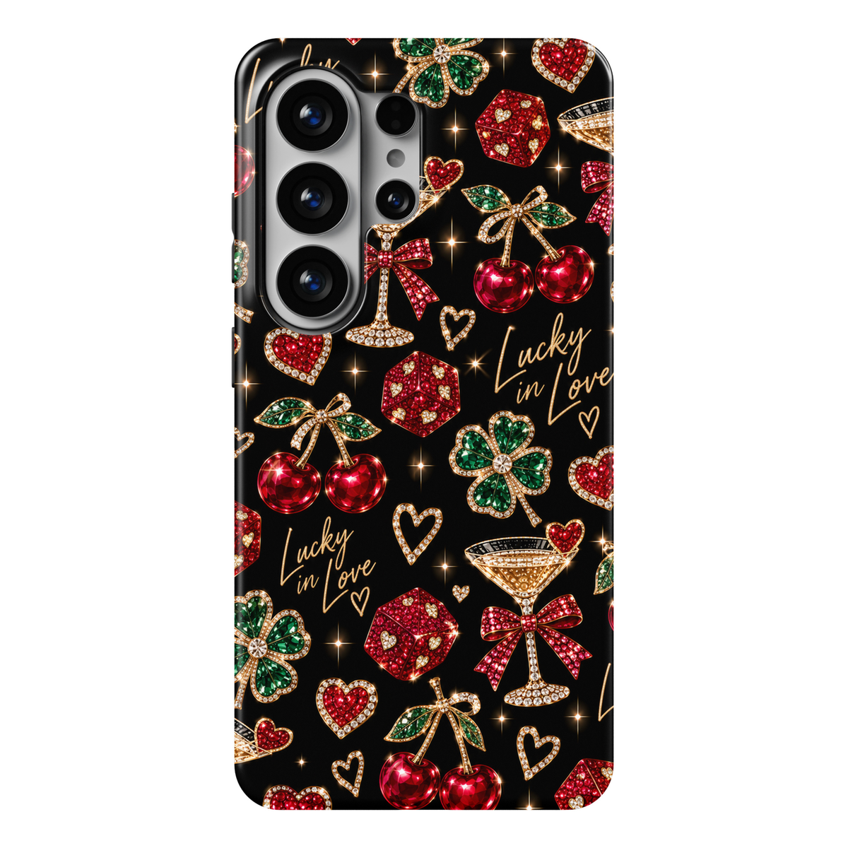CASELIX Lucky in Love Samsung Galaxy S26 Ultra Tough MagSafe protective phone case featuring a glamorous jet-black background adorned with sparkling ruby-red gemstone cherries, emerald-green four-leaf clovers, dazzling red jeweled dice, and luxurious crystal-encrusted cocktail glasses. Elegant crimson rhinestone ribbon bows, shimmering ruby hearts, golden starbursts, and sophisticated champagne-gold “Lucky in Love” handwritten lettering create a playful, romantic, casino-inspired aesthetic. The luxurious re