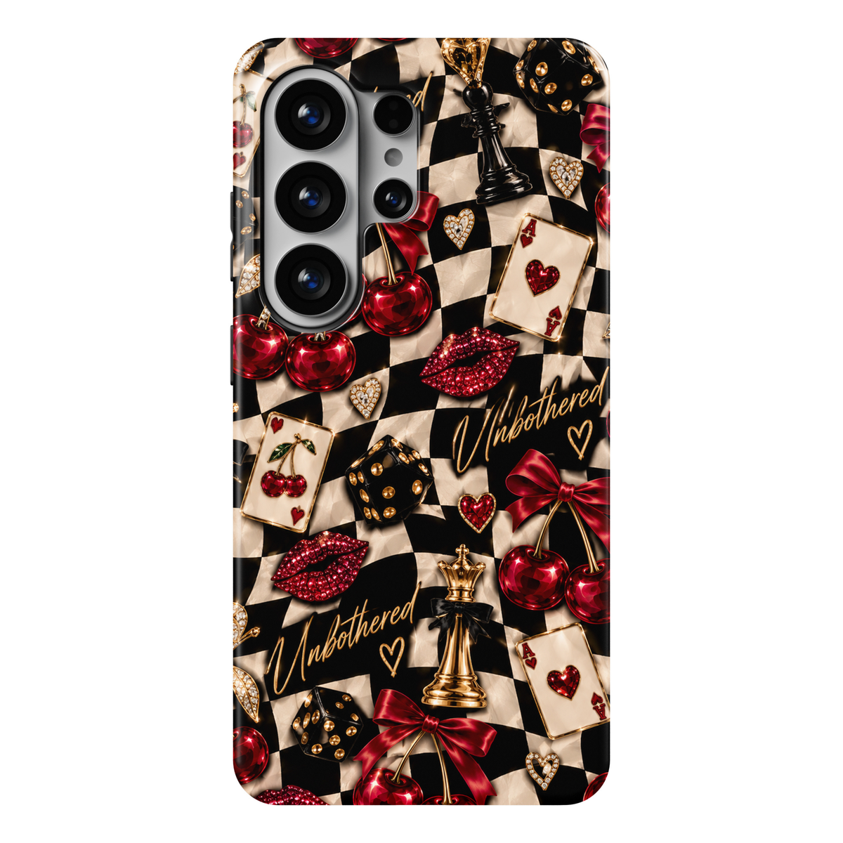 CASELIX Unbothered Samsung Galaxy S26 Ultra Tough MagSafe protective phone case featuring a glamorous black-and-cream checkerboard pattern adorned with sparkling ruby-red gemstone cherries, luxurious crimson satin ribbon bows, dazzling rhinestone lipstick kiss prints, and elegant gold-accented playing cards. Chic black dice embellished with golden studs, ornate gold-and-black chess pieces, shimmering crystal hearts, and sophisticated champagne-gold “Unbothered” handwritten lettering create a bold, playful l