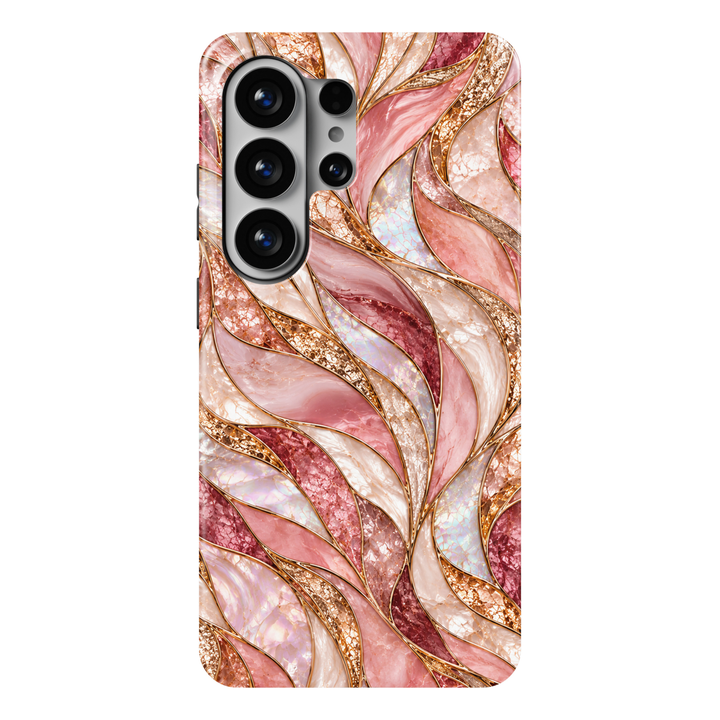 CASELIX Rose Quartz Opulence Samsung Galaxy S26 Ultra Tough MagSafe protective phone case featuring luxurious flowing abstract waves in soft blush pink, dusty rose, champagne gold, luminous ivory, and shimmering rose quartz tones. Elegant sweeping ribbons of iridescent mother-of-pearl, intricate gemstone-inspired mosaic textures, sparkling rose-gold filigree, and delicate metallic gold-inspired outlines create a sophisticated marble and stained-glass aesthetic. Beautiful feminine Samsung Galaxy phone case f