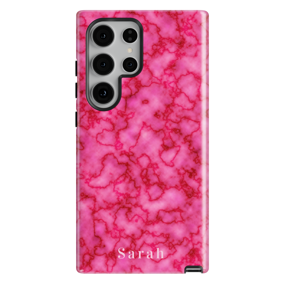 Personalized pink marble Samsung Galaxy case featuring custom name lettering. Glossy girly design with durable protection and a chic pink marble look for everyday use.