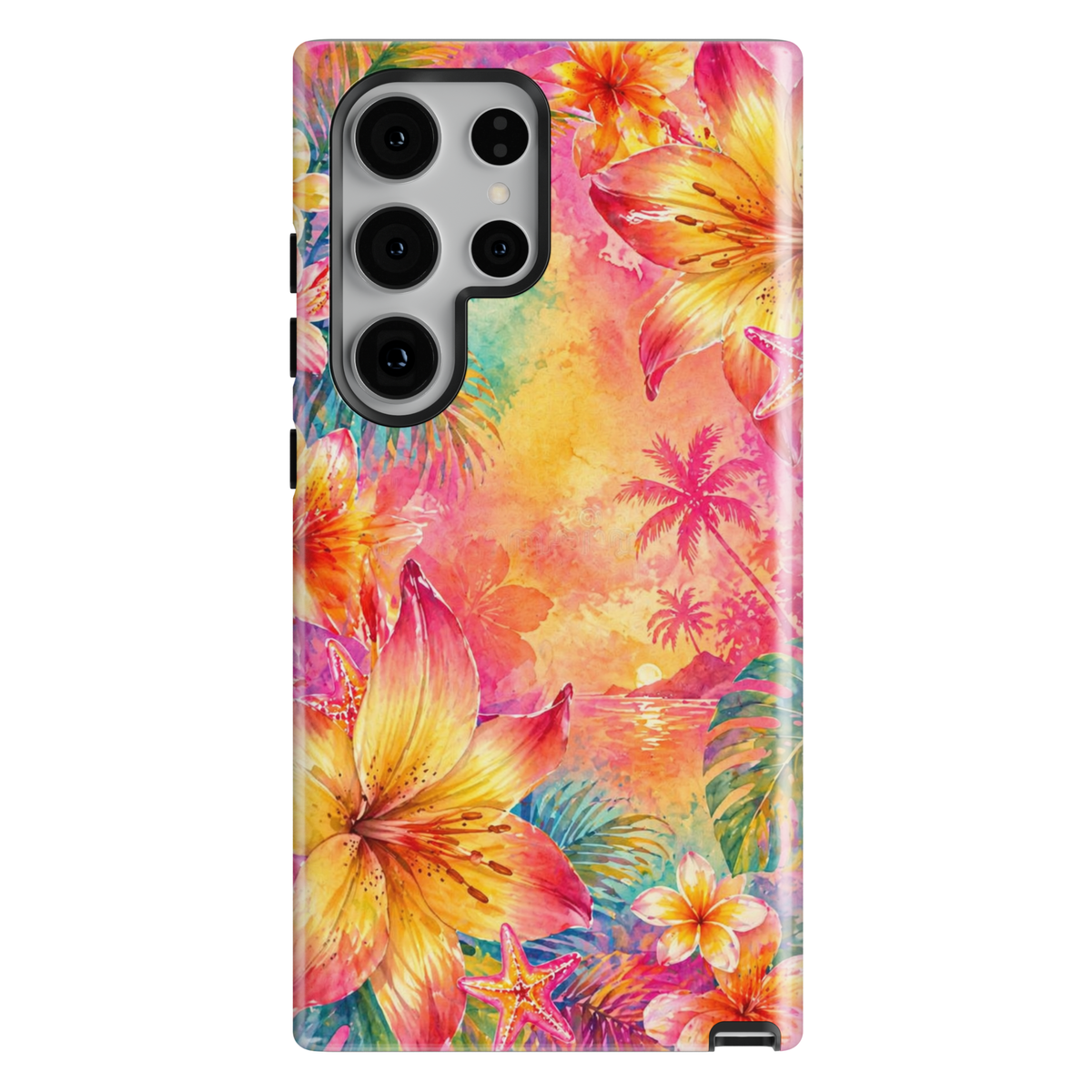 Tropical sunset Samsung Galaxy S26 Ultra case with palm trees, beach scenery and vibrant floral design in warm sunset colors.