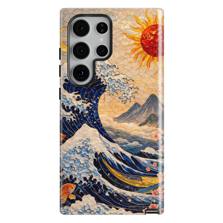 Japanese wave phone case featuring dramatic ocean waves, red sun and mountain art design protective tough case for iPhone and Samsung Galaxy