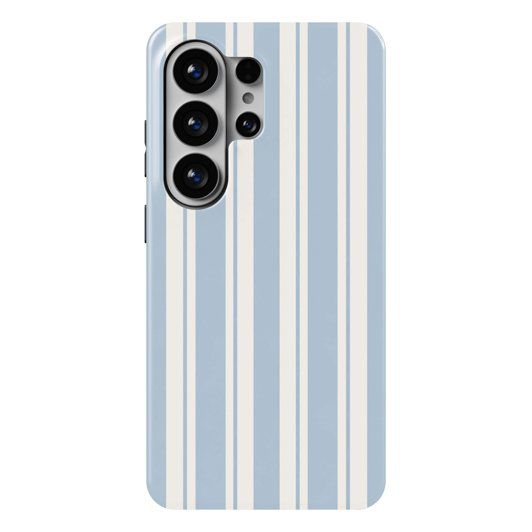 Sunday Blue Samsung Galaxy S26 Ultra case featuring vertical powder blue and warm cream stripes with thin blue accent lines, a classic preppy Galaxy S26 Ultra tough phone case with coastal striped design for Samsung Galaxy S26, S26 Plus and S26 Ultra.