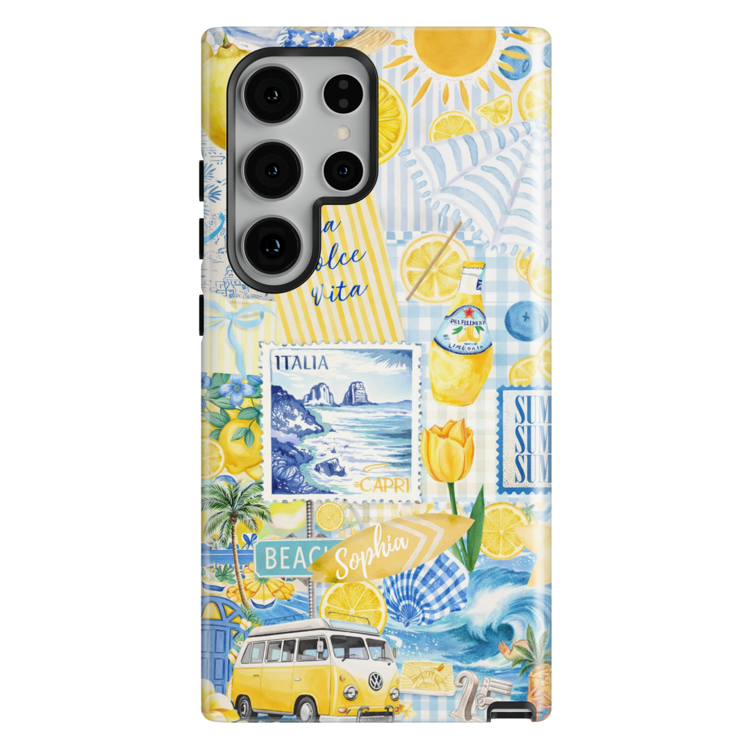 Lemon Capri Italy aesthetic phone case with beach collage and summer coastal elements for iPhone 17 Pro Max and Samsung Galaxy S26 Ultra.