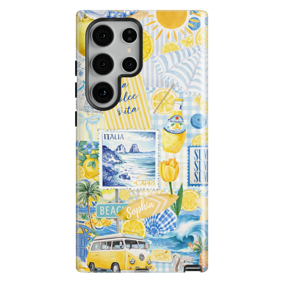 Lemon Capri Italy aesthetic phone case with beach collage and summer coastal elements for iPhone 17 Pro Max and Samsung Galaxy S26 Ultra.