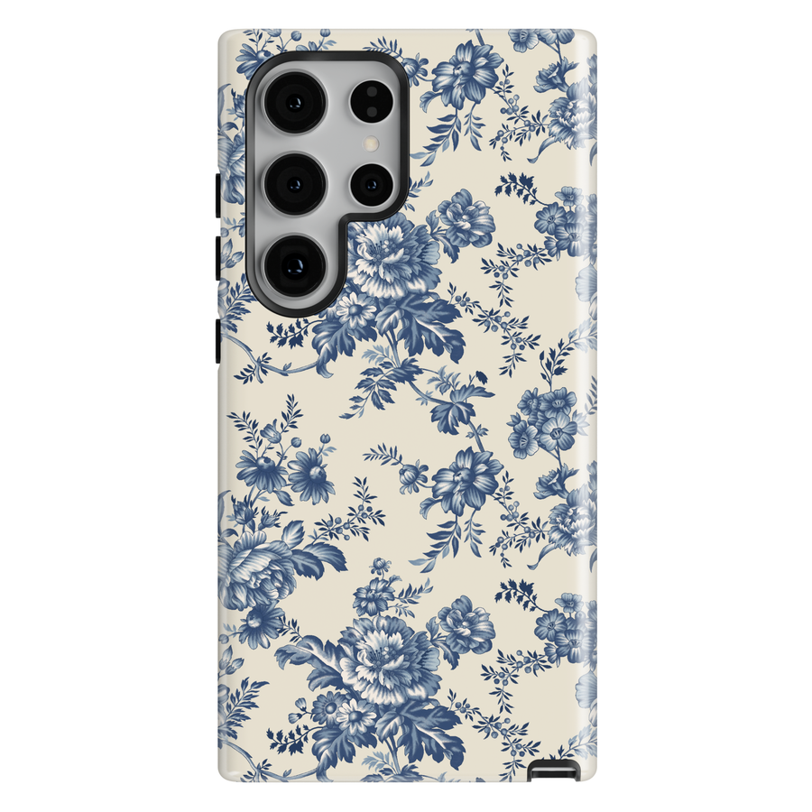 Blue vintage floral toile Samsung Galaxy S26 case with elegant botanical flower pattern aesthetic protective tough case for Samsung Galaxy S26 Ultra, Galaxy S26 Plus, Galaxy S25 Ultra, S25 Plus floral phone cover